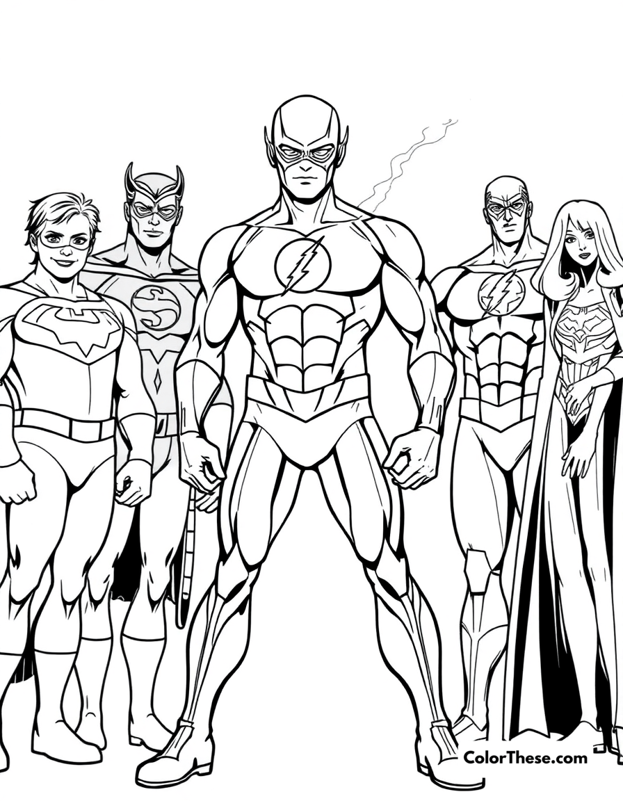 Free printable flash (dc comics) and the justice league coloring page for kids and adults - A the flash (dc comics) standing with the justice league.