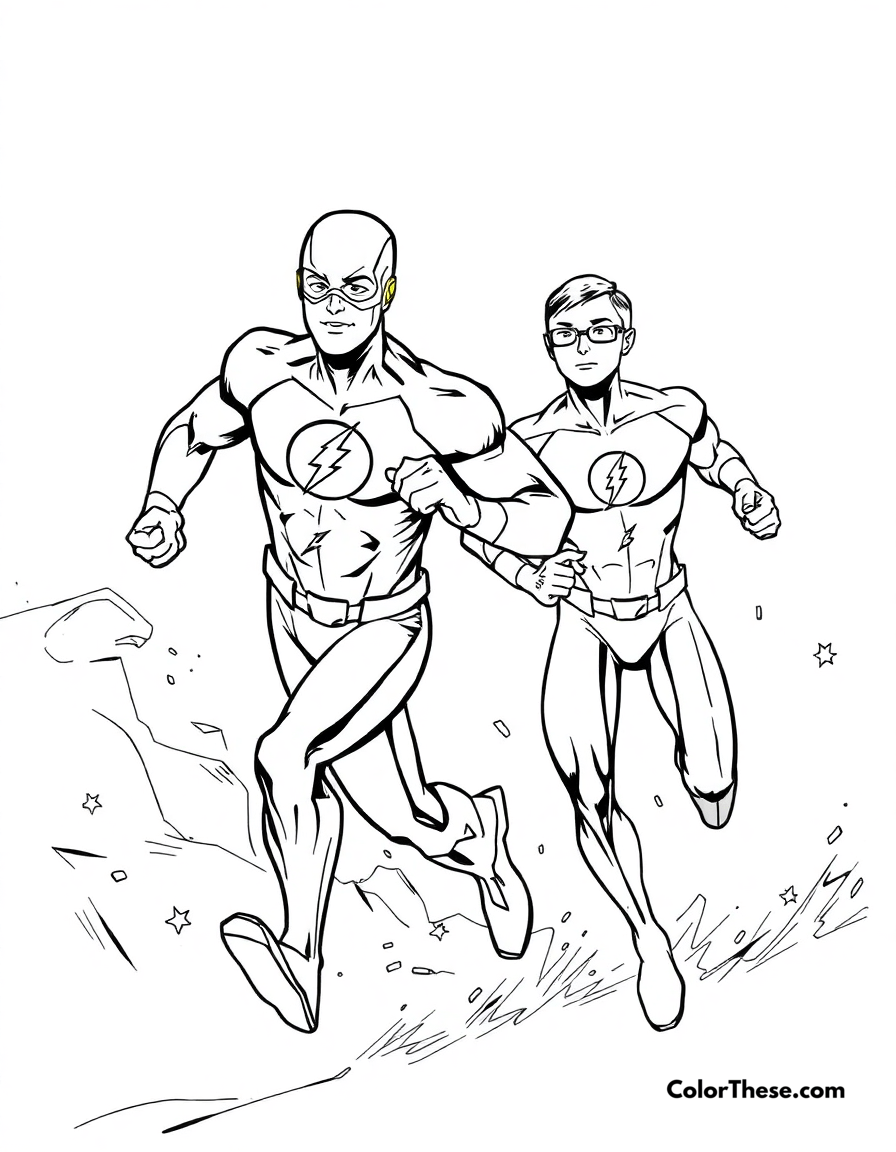 Free printable flash (dc comics) and kid flash coloring page for kids and adults - A the flash (dc comics) running alongside kid flash.