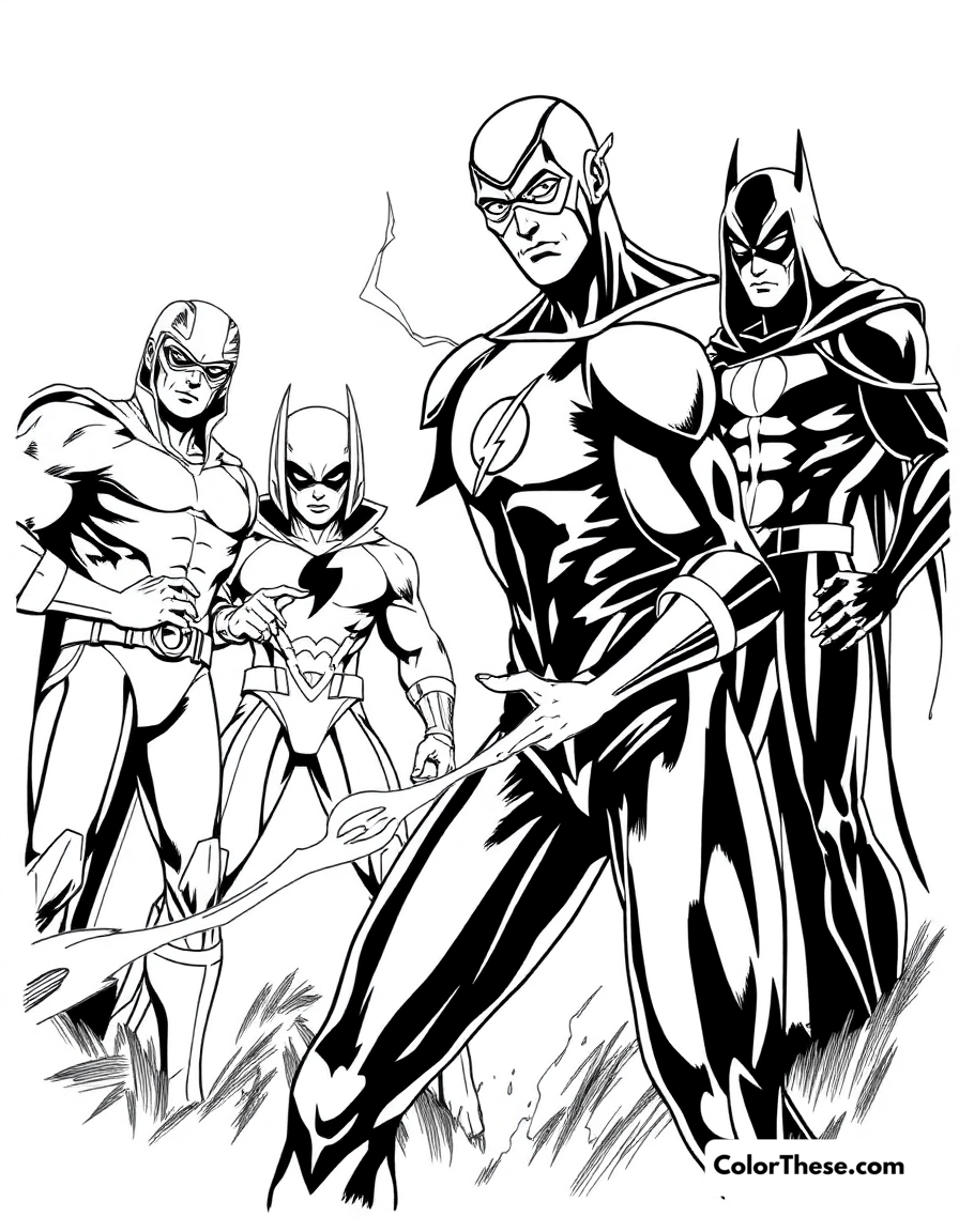 Free printable flash (dc comics) and the rogues coloring page for kids and adults - A the flash (dc comics) facing off against his team of villains, the rogues.