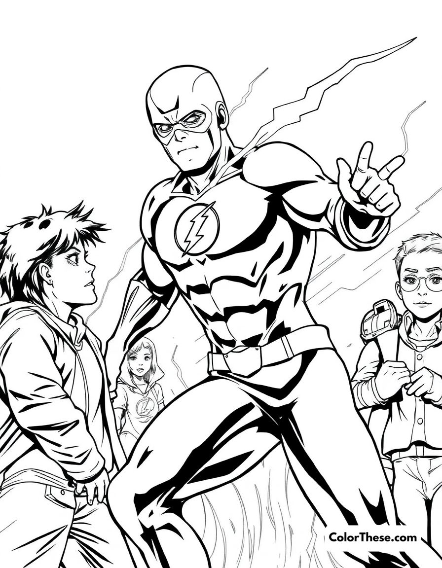 Free printable flash (dc comics) saving civilians coloring page for kids and adults - A the flash (dc comics) rescuing civilians from danger.