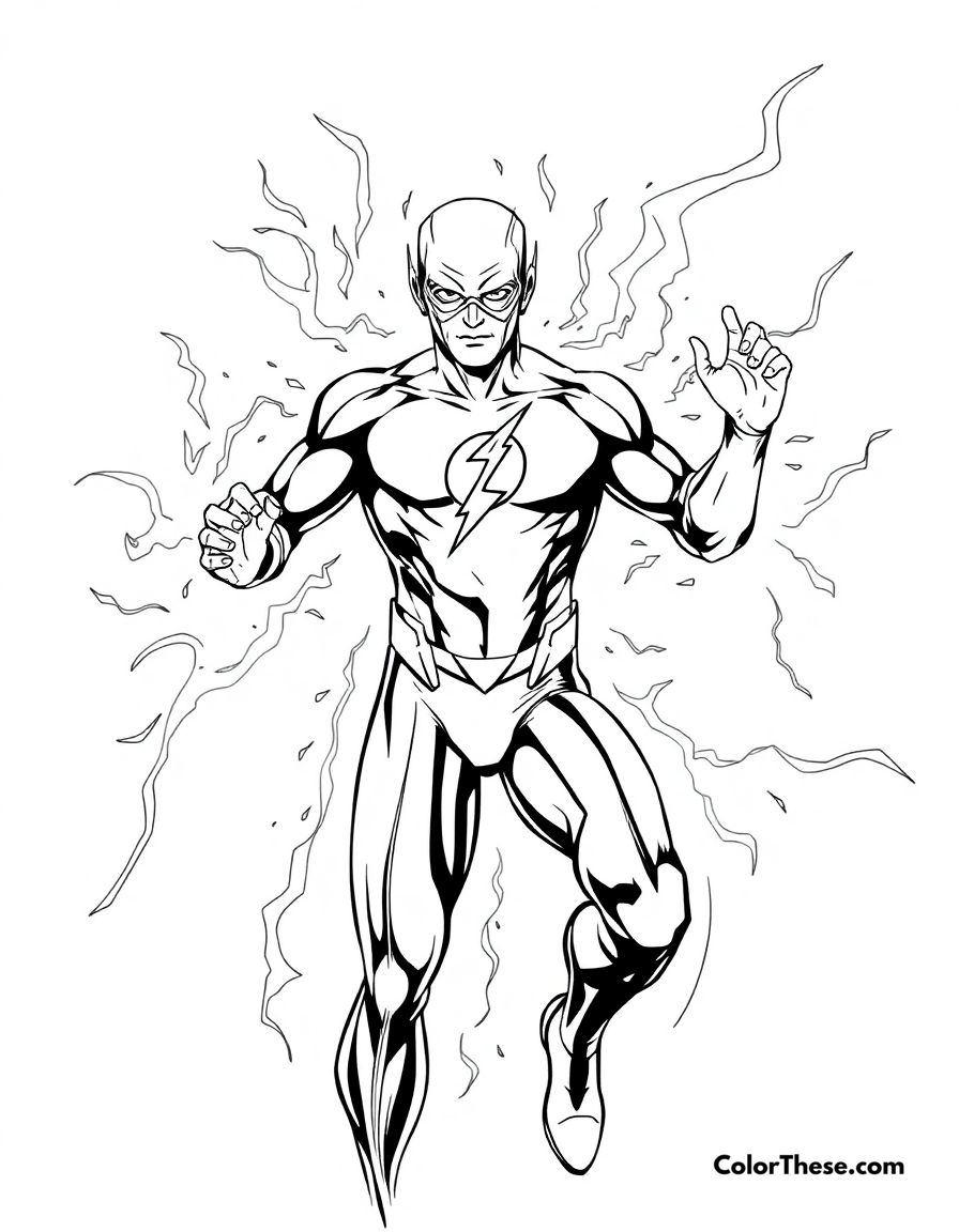 Free printable flash (dc comics) in the speed force coloring page for kids and adults - A the flash (dc comics) surrounded by the energy of the speed force.