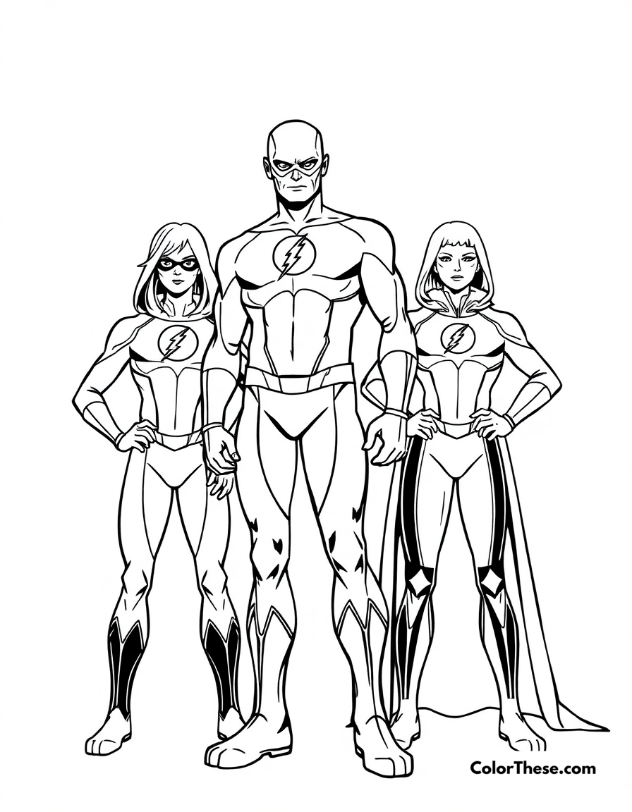 Free printable flash (dc comics) and the tornado twins coloring page for kids and adults - A the flash (dc comics) standing with the tornado twins.