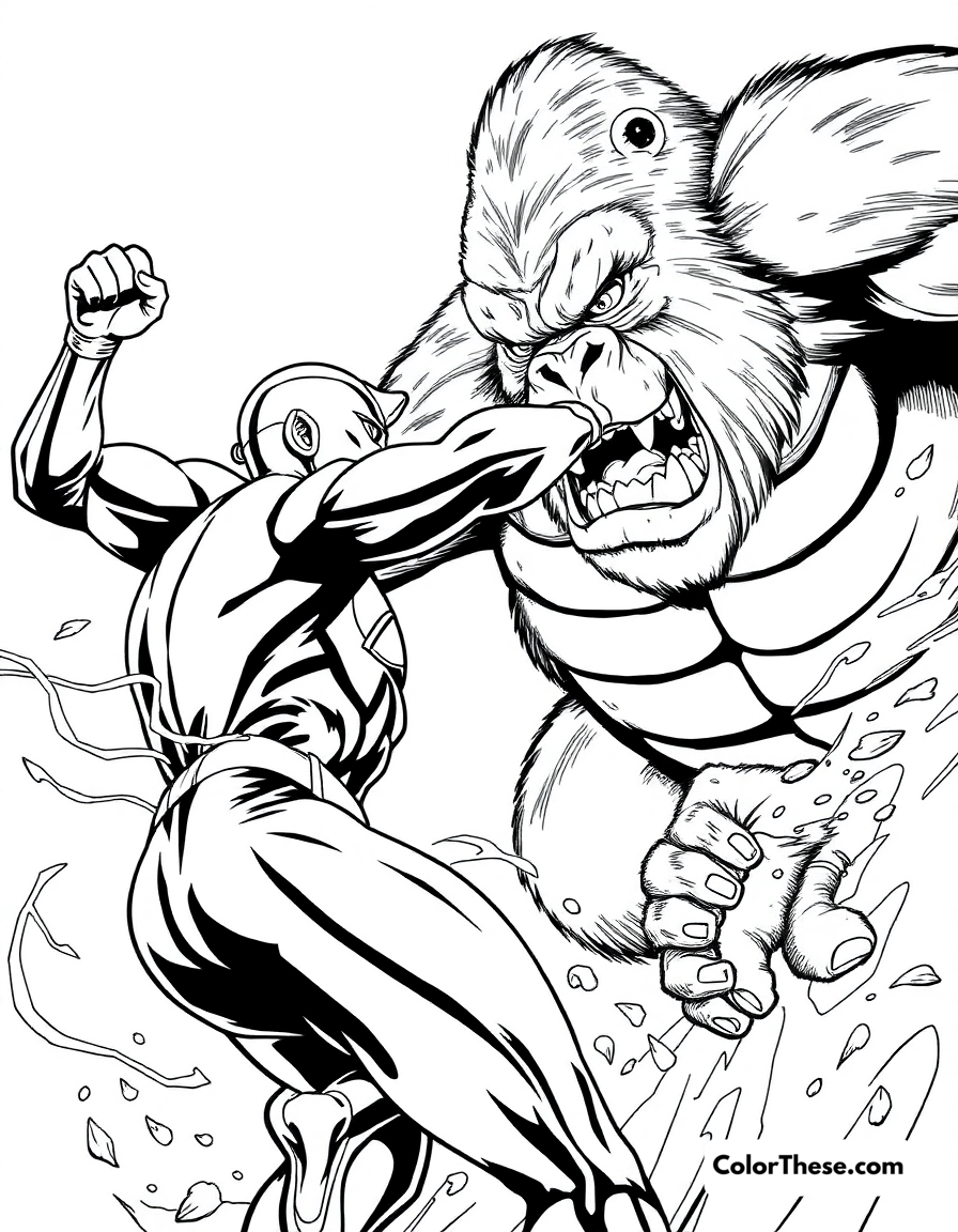 Free printable flash (dc comics) vs. gorilla grodd coloring page for kids and adults - A the flash (dc comics) battling the super-intelligent gorilla grodd.