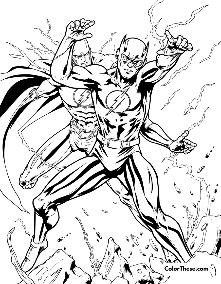 Free printable flash (dc comics) vs. reverse flash coloring page for kids and adults - A the flash (dc comics) battling his arch-nemesis, reverse flash.