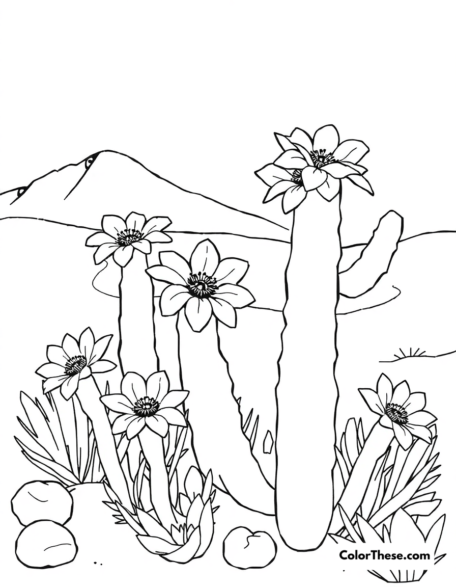 Free printable cactus flower desert coloring page for kids and adults - A a desert scene with blooming cactus flowers.