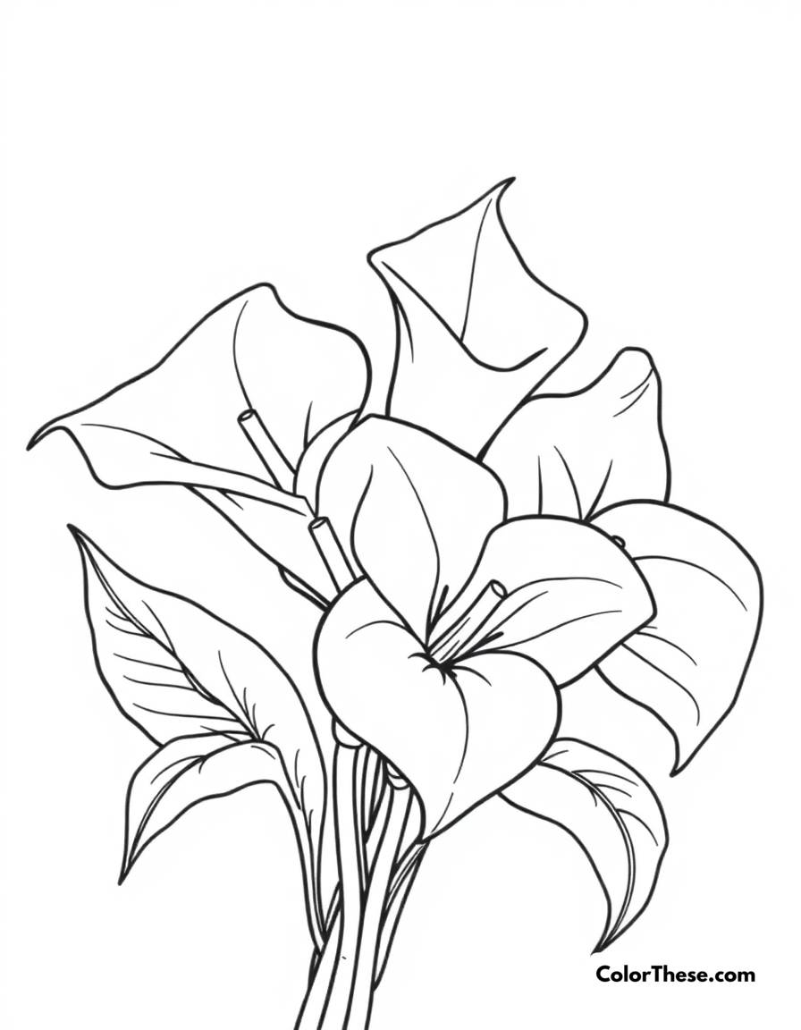 Free printable calla lily bouquet coloring page for kids and adults - A a bouquet of elegant calla lilies.