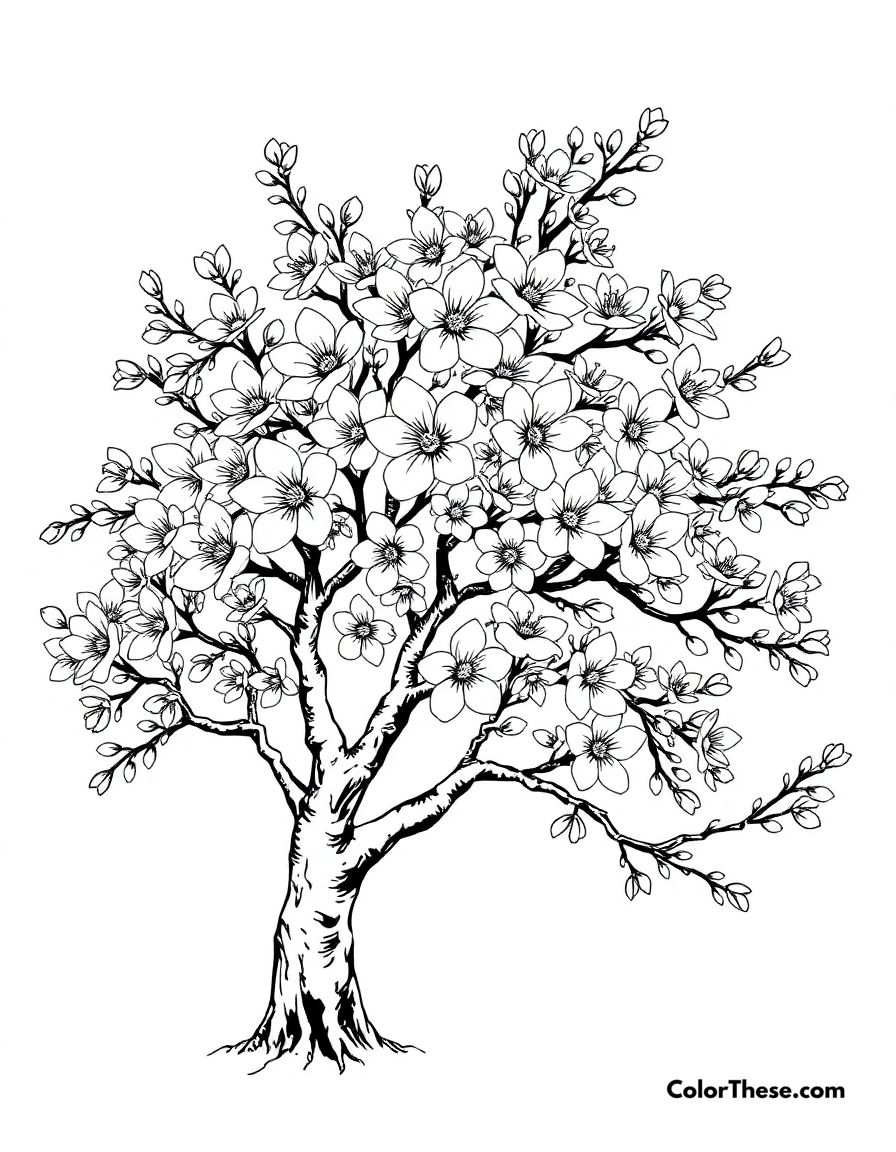 Free printable cherry blossom tree coloring page for kids and adults - A a cherry blossom tree in full bloom.