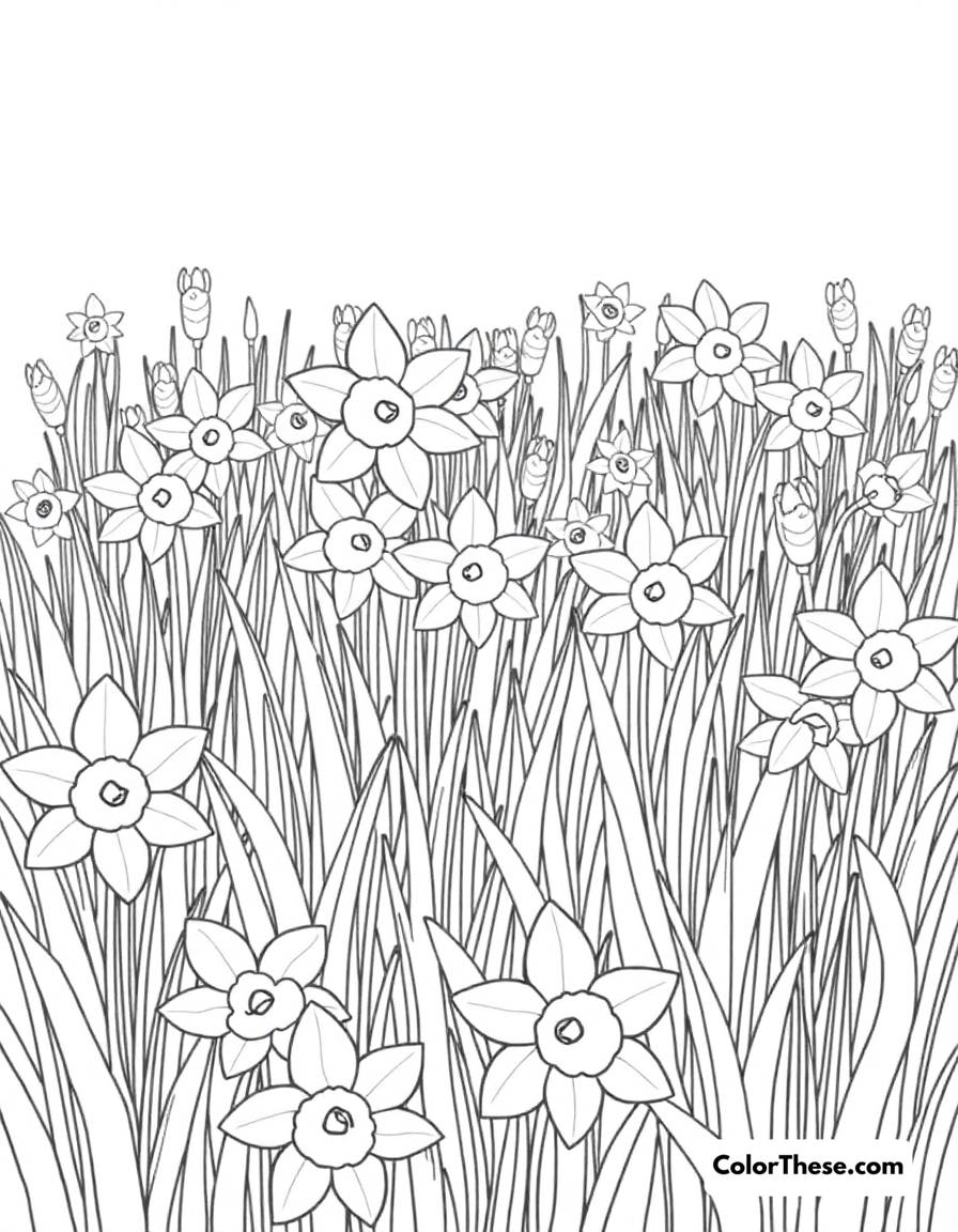 Free printable daffodil meadow coloring page for kids and adults - A a meadow filled with blooming daffodils.