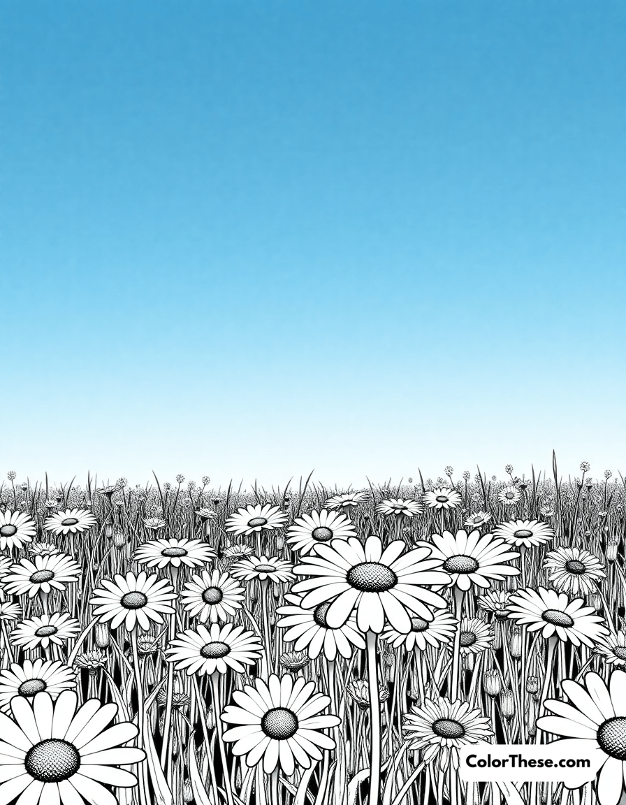 Free printable daisy field coloring page for kids and adults - A a field of daisies under a bright blue sky.