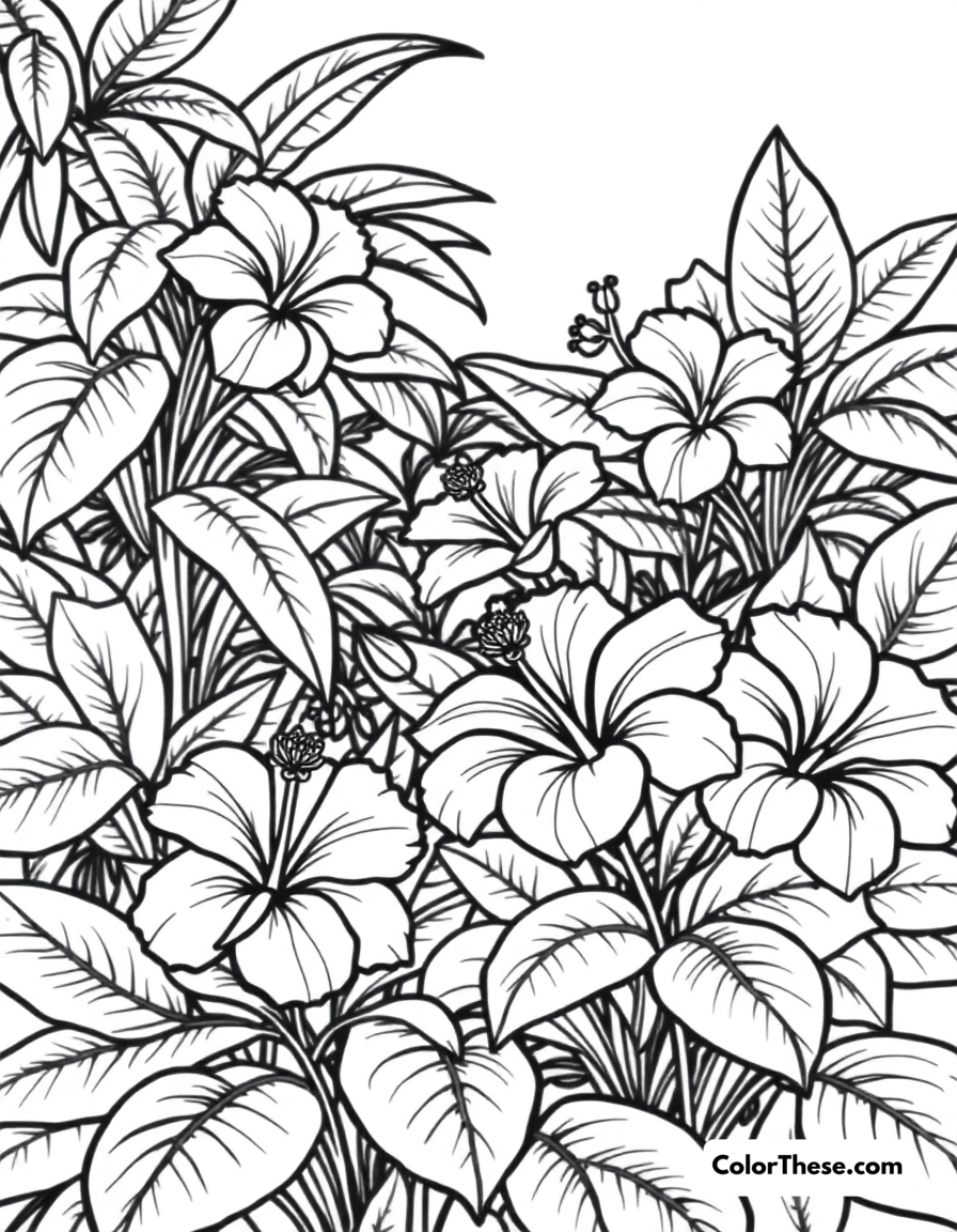 Free printable hibiscus tropical paradise coloring page for kids and adults - A a tropical paradise with blooming hibiscus flowers.