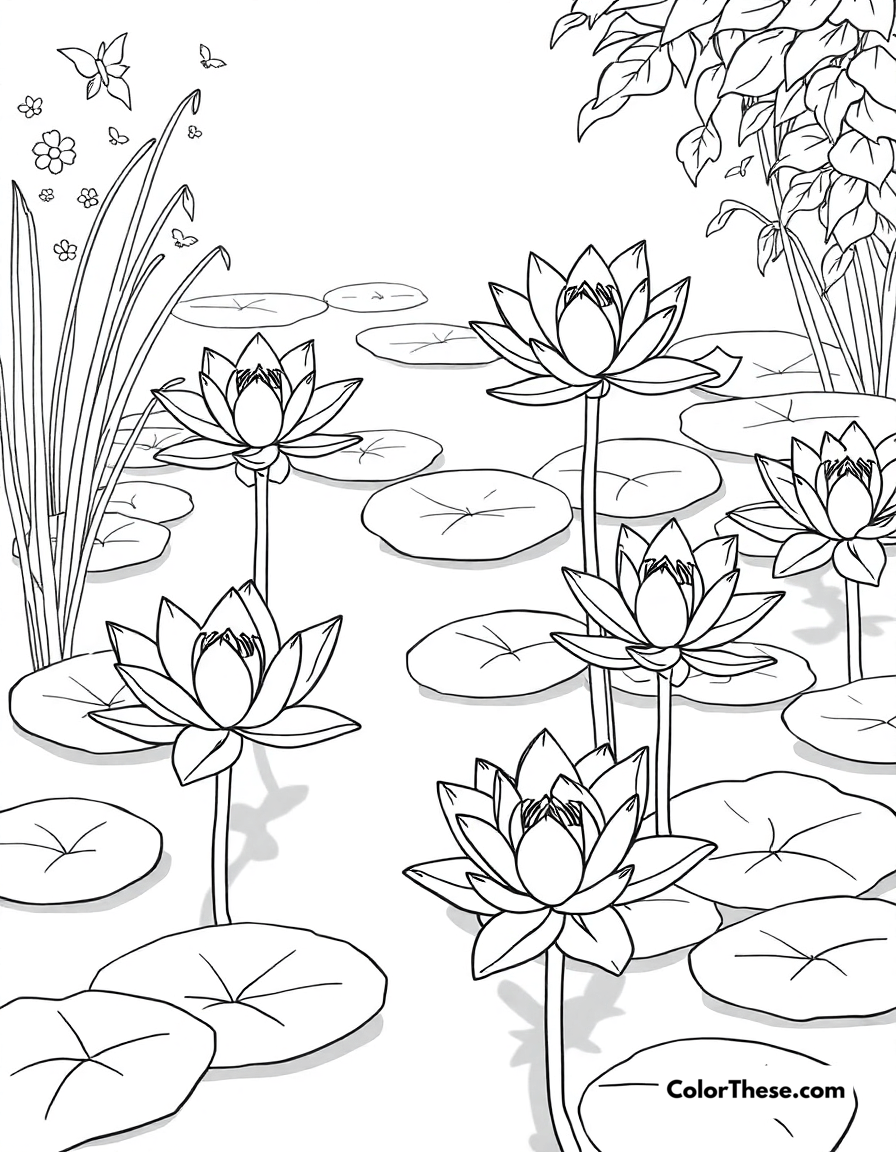 Free printable lily pond coloring page for kids and adults - A a serene pond with blooming water lilies.