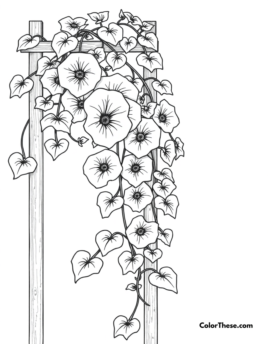 Free printable morning glory vine coloring page for kids and adults - A a vine of morning glories climbing a trellis.