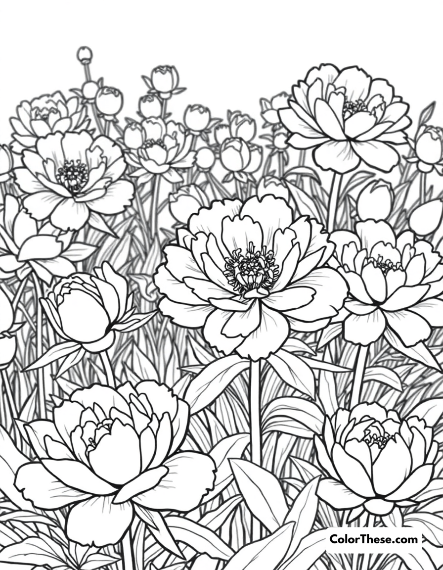 Free printable peony garden coloring page for kids and adults - A a garden filled with blooming peonies.