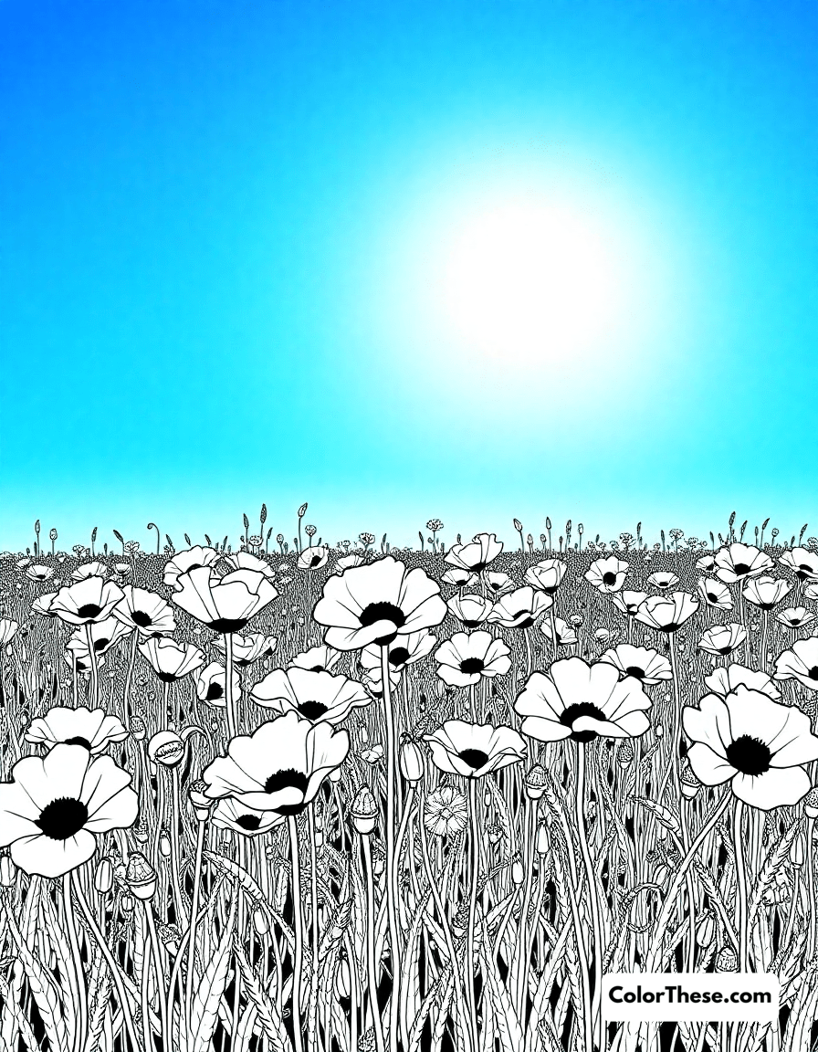 Free printable poppy field coloring page for kids and adults - A a field of poppies under a bright blue sky.