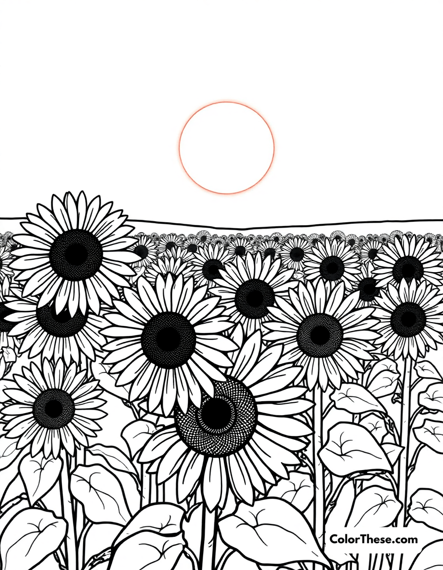 Free printable sunflower field at sunset coloring page for kids and adults - A a field of sunflowers glowing under a warm sunset.