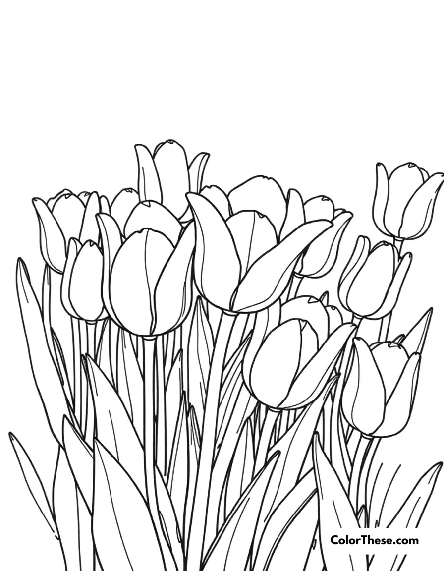 Free printable tulip garden in spring coloring page for kids and adults - A a vibrant garden of tulips blooming in spring.