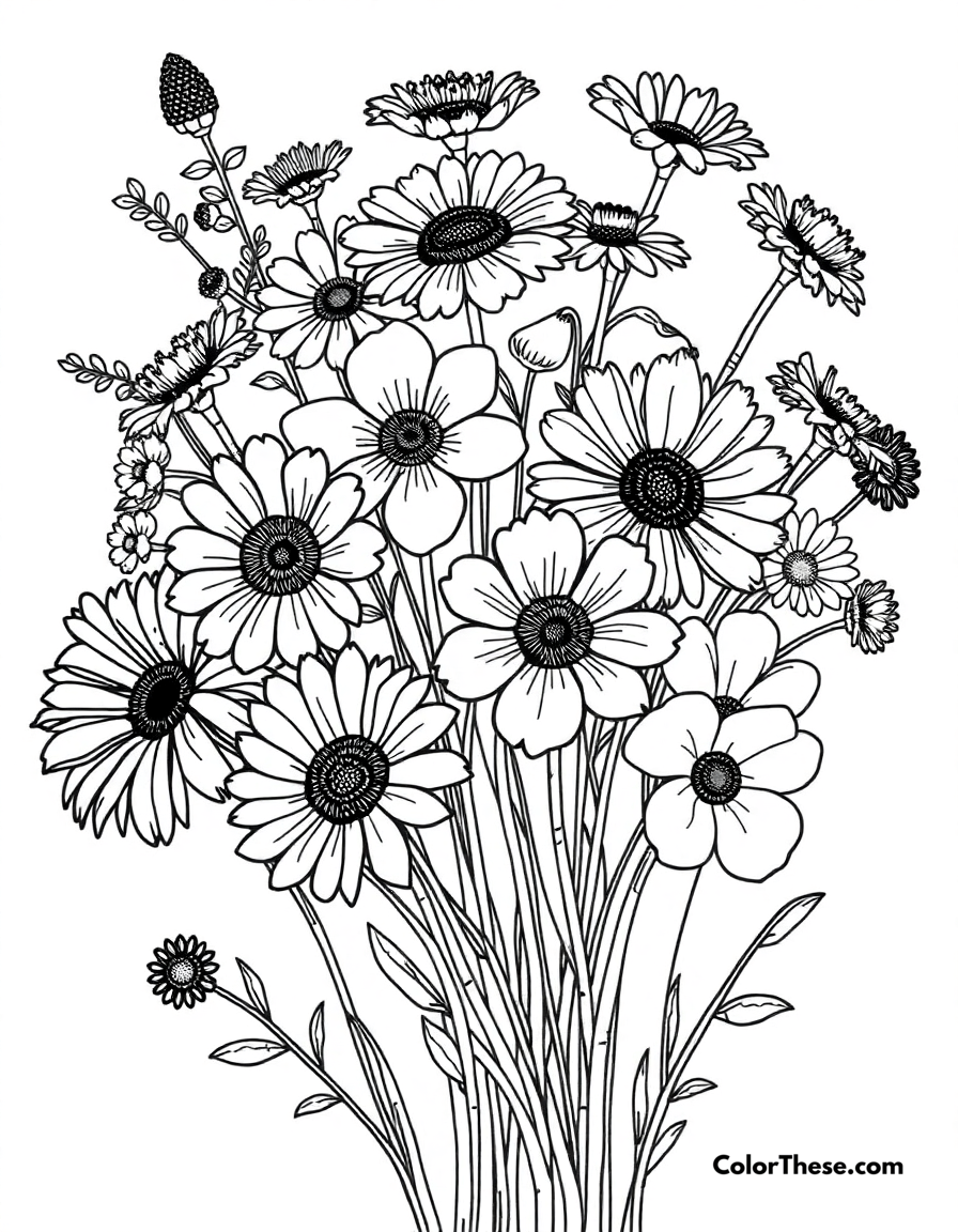 Free printable wildflower bouquet coloring page for kids and adults - A a bouquet of colorful wildflowers.