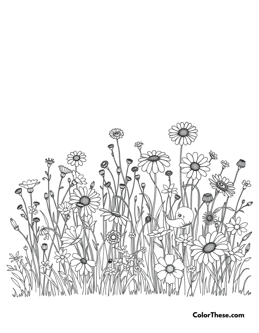 Free printable wildflower meadow coloring page for kids and adults - A a meadow filled with colorful wildflowers.