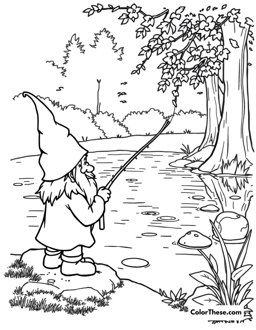 Free printable fishing gnome by the pond coloring page for kids and adults - A a gnome fishing by a serene pond.