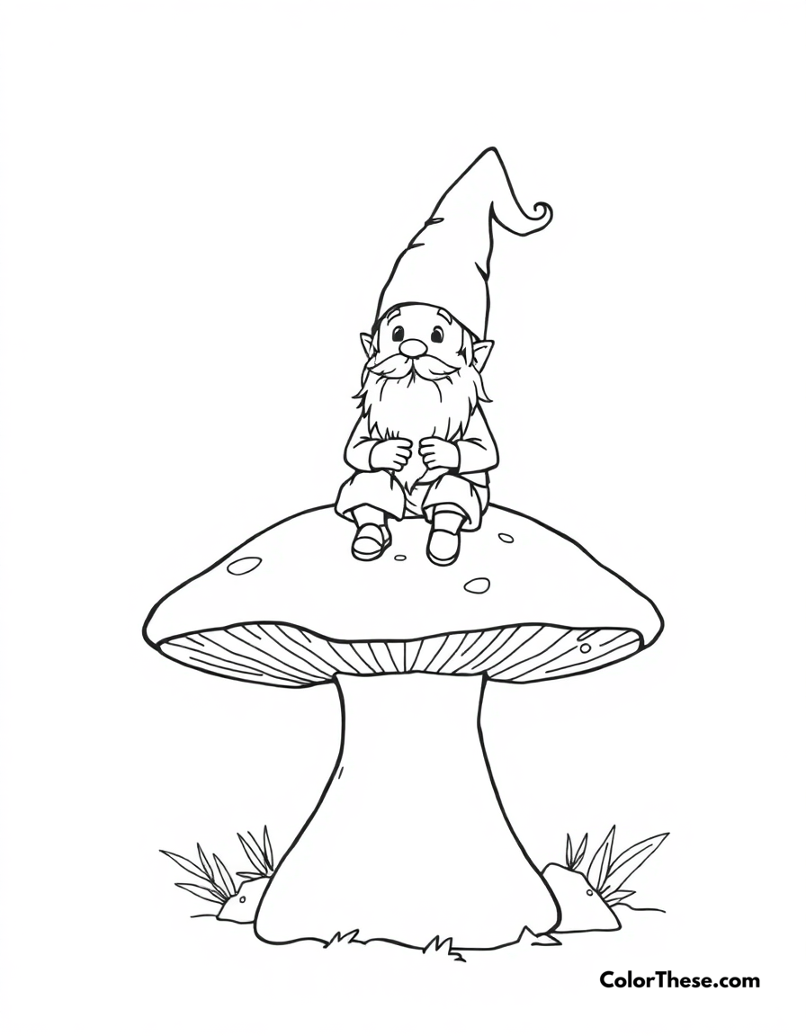 Free printable forest gnome with mushrooms coloring page for kids and adults - A a magical forest gnome sitting on a giant mushroom.