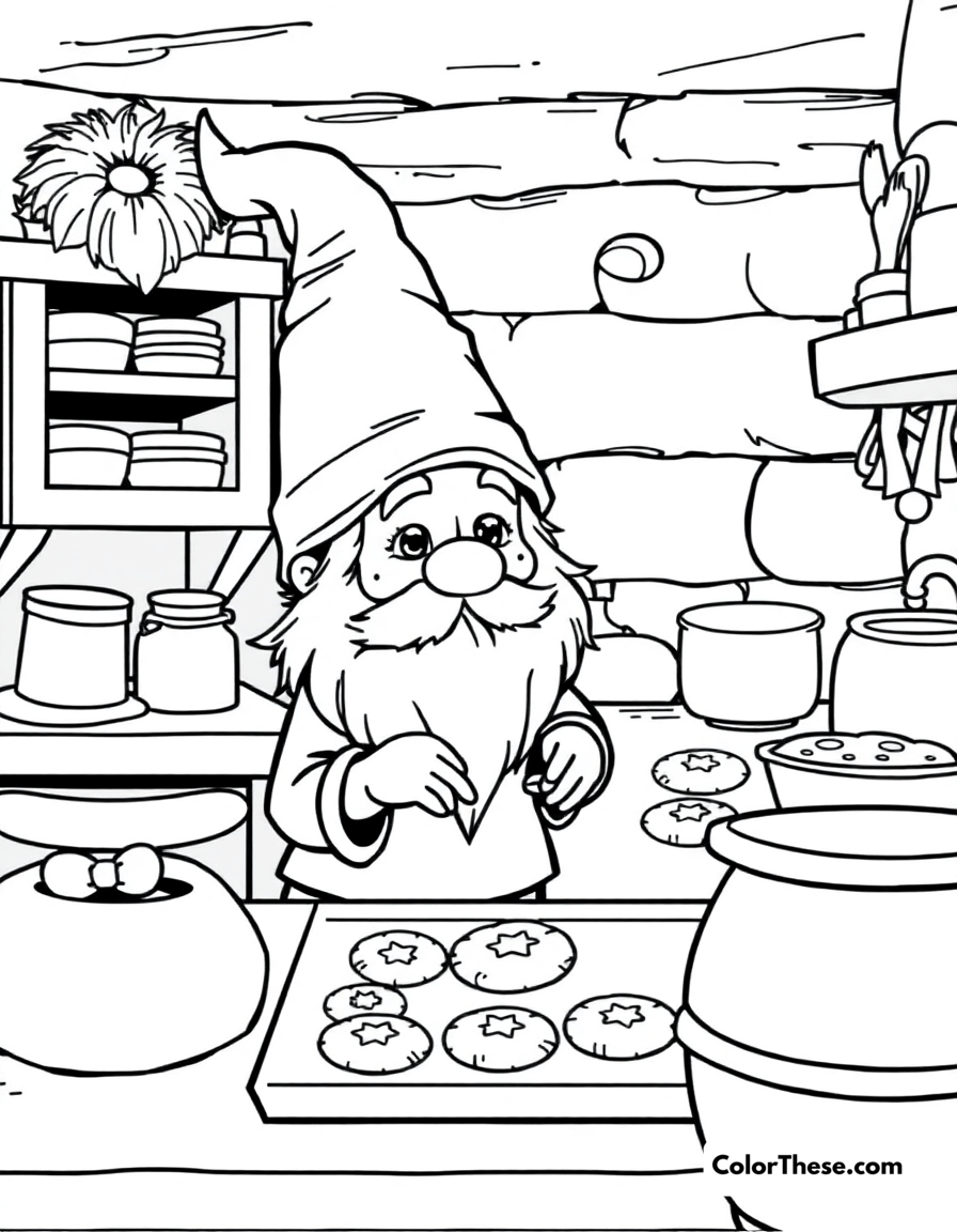 Free printable gnome baking cookies coloring page for kids and adults - A a gnome baking cookies in a cozy kitchen.