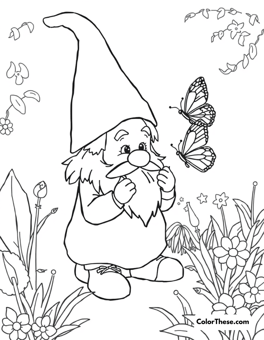 Free printable gnome with a butterfly coloring page for kids and adults - A a gnome watching a butterfly in a garden.