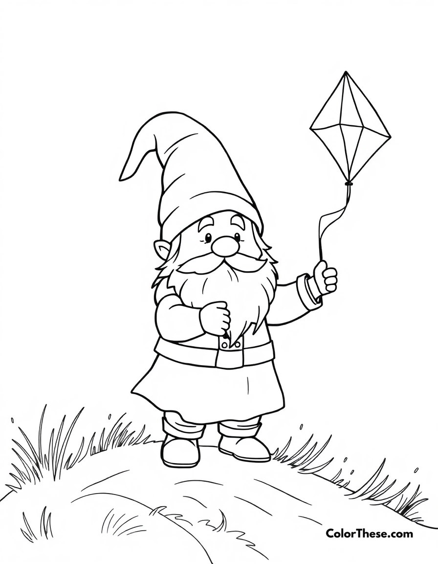 Free printable gnome with a kite coloring page for kids and adults - A a gnome flying a kite on a windy day.