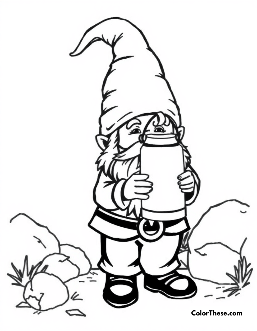 Free printable gnome with a lantern coloring page for kids and adults - A a gnome holding a glowing lantern in the dark.