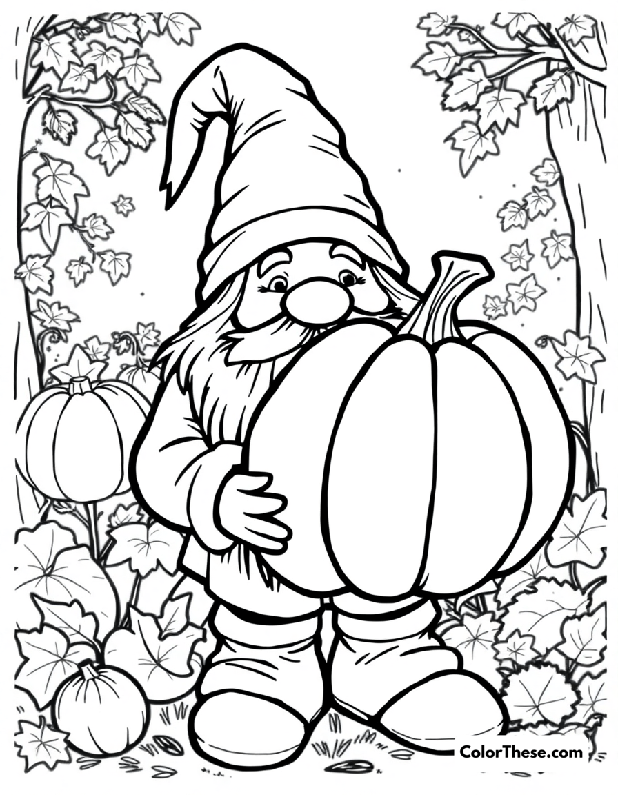 Free printable gnome with a pumpkin coloring page for kids and adults - A a gnome holding a large pumpkin in a fall setting.