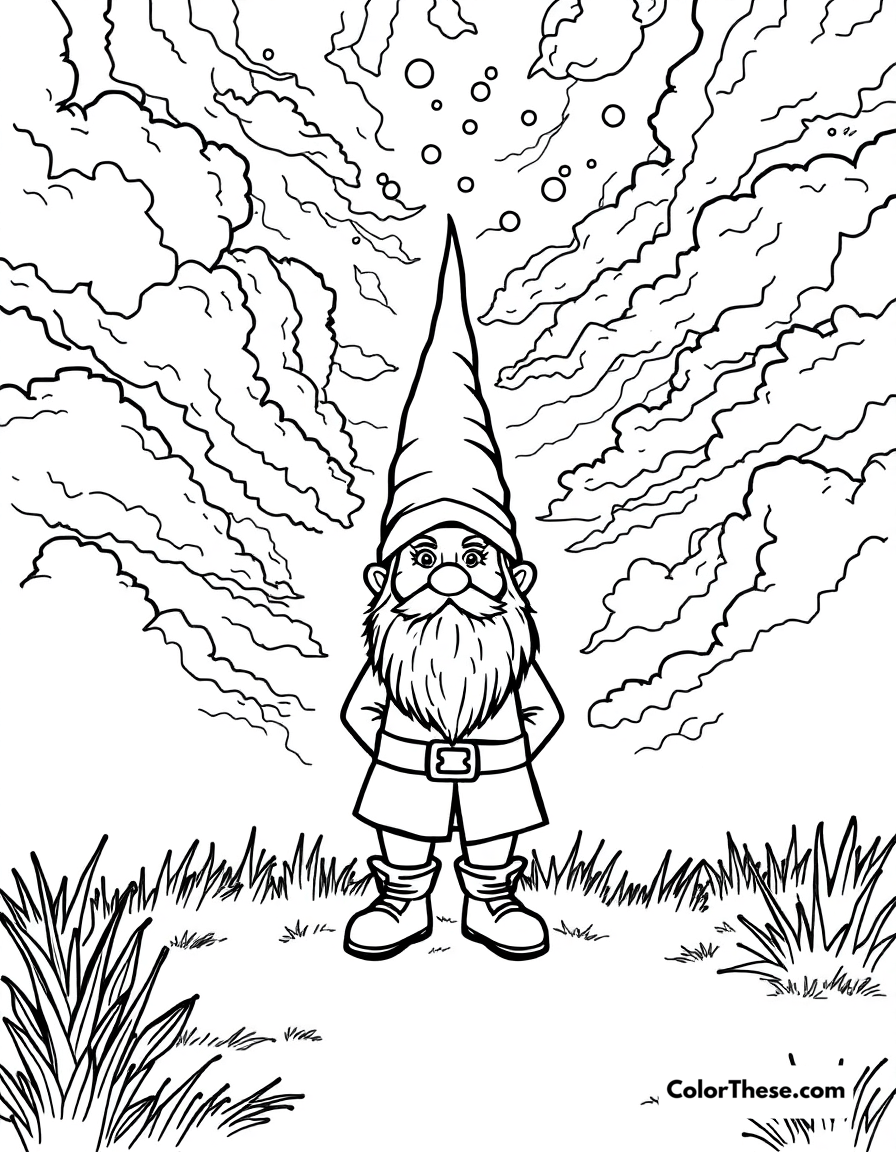 Free printable gnome with a rainbow coloring page for kids and adults - A a gnome standing under a vibrant sky.