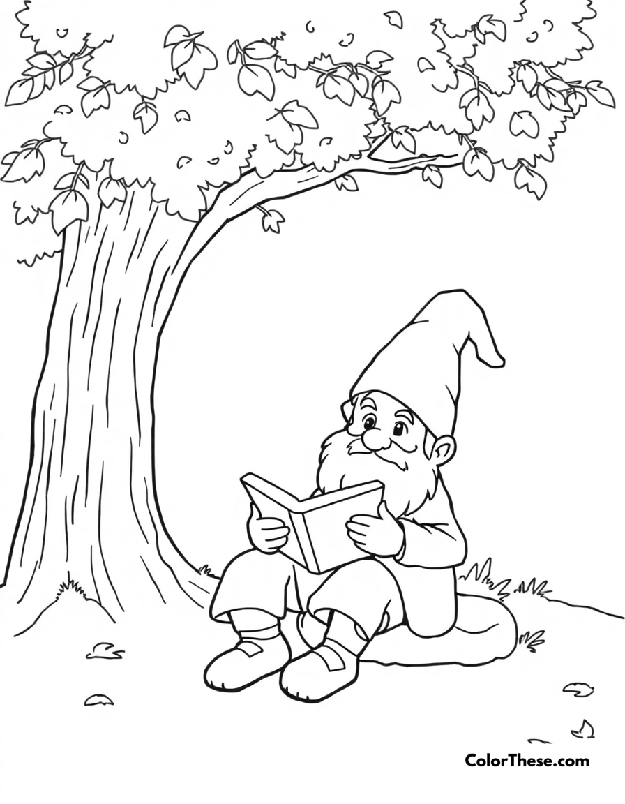 Free printable gnome reading a book coloring page for kids and adults - A a gnome sitting under a tree, reading a book.