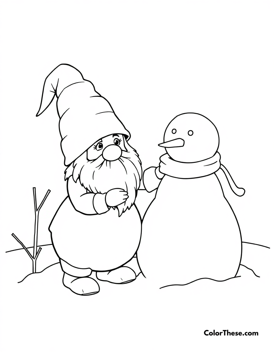 Free printable gnome with a snowman coloring page for kids and adults - A a gnome building a snowman in the winter.