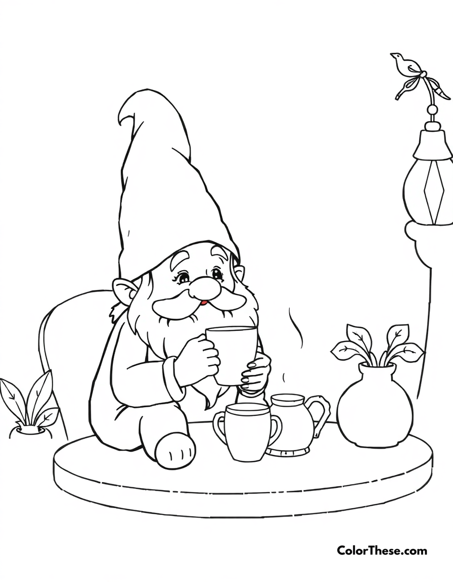 Free printable gnome with a tea set coloring page for kids and adults - A a gnome enjoying tea in a cozy setting.