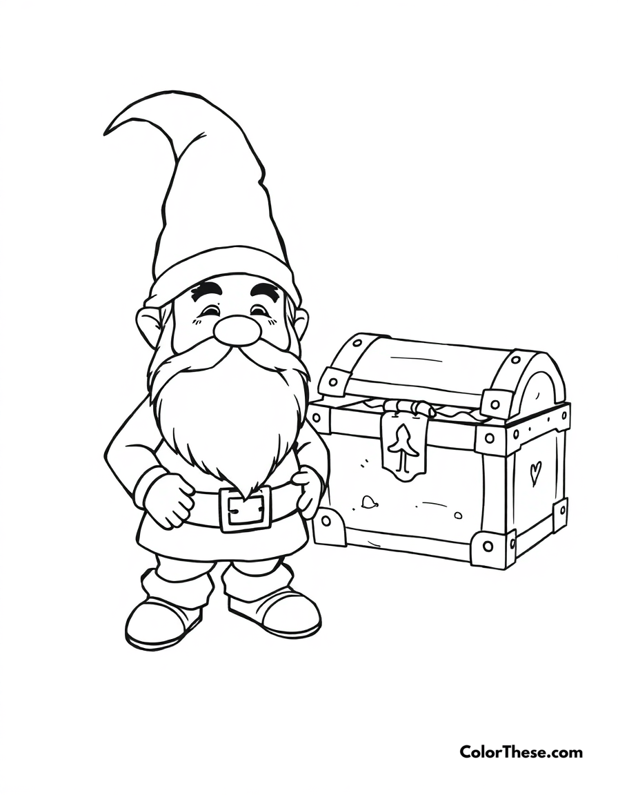 Free printable gnome with a treasure chest coloring page for kids and adults - A a gnome standing next to a treasure chest.