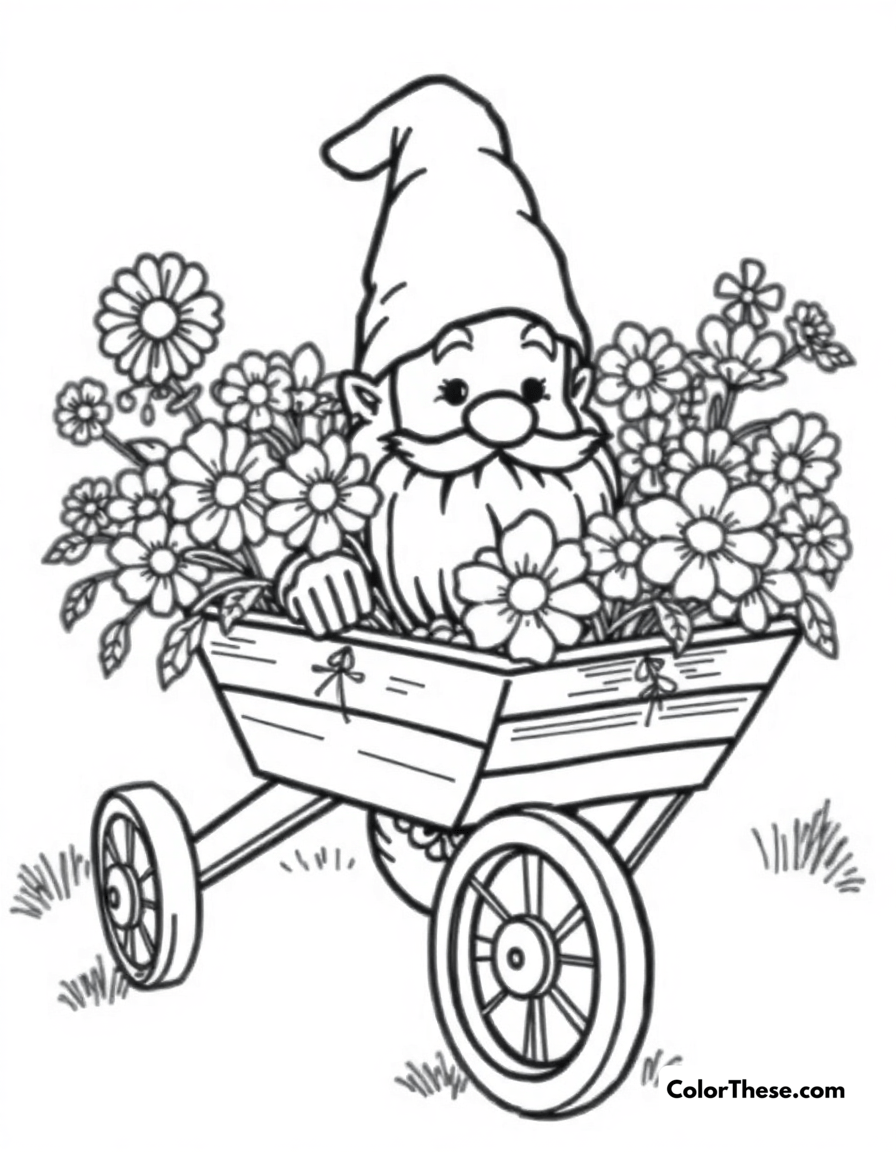 Free printable gnome with a wheelbarrow coloring page for kids and adults - A a gnome pushing a wheelbarrow filled with flowers.