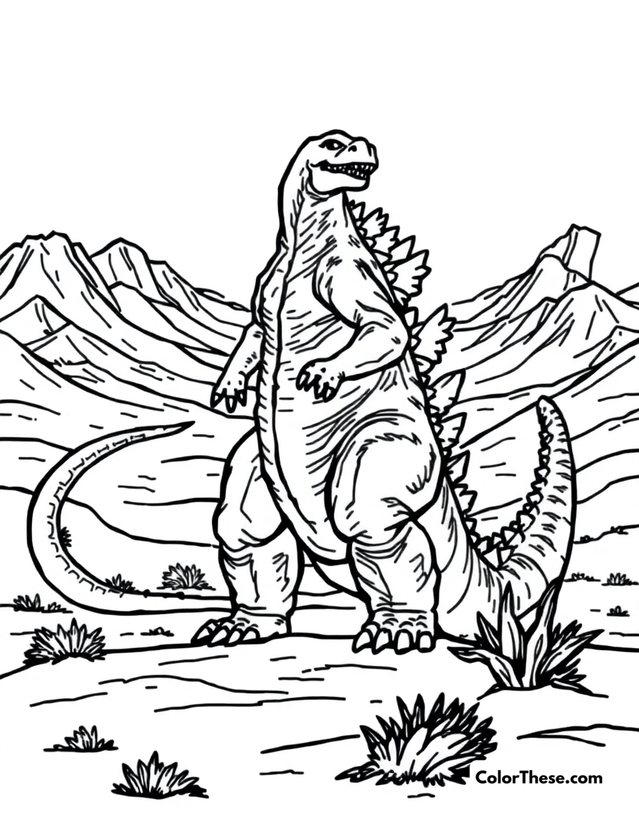 Free printable godzilla in a desert coloring page for kids and adults - A godzilla standing in a vast desert.