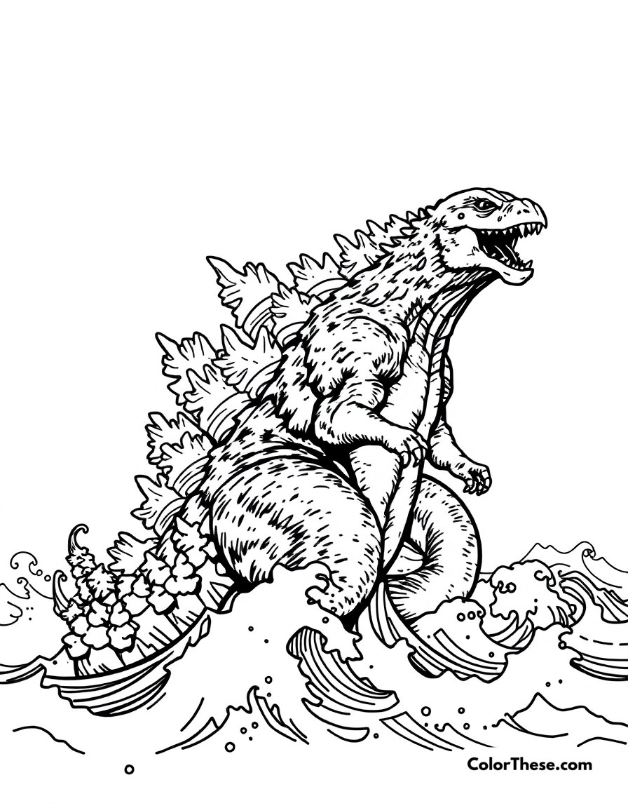 Free printable godzilla emerging from the ocean coloring page for kids and adults - A godzilla rising from the ocean waves.