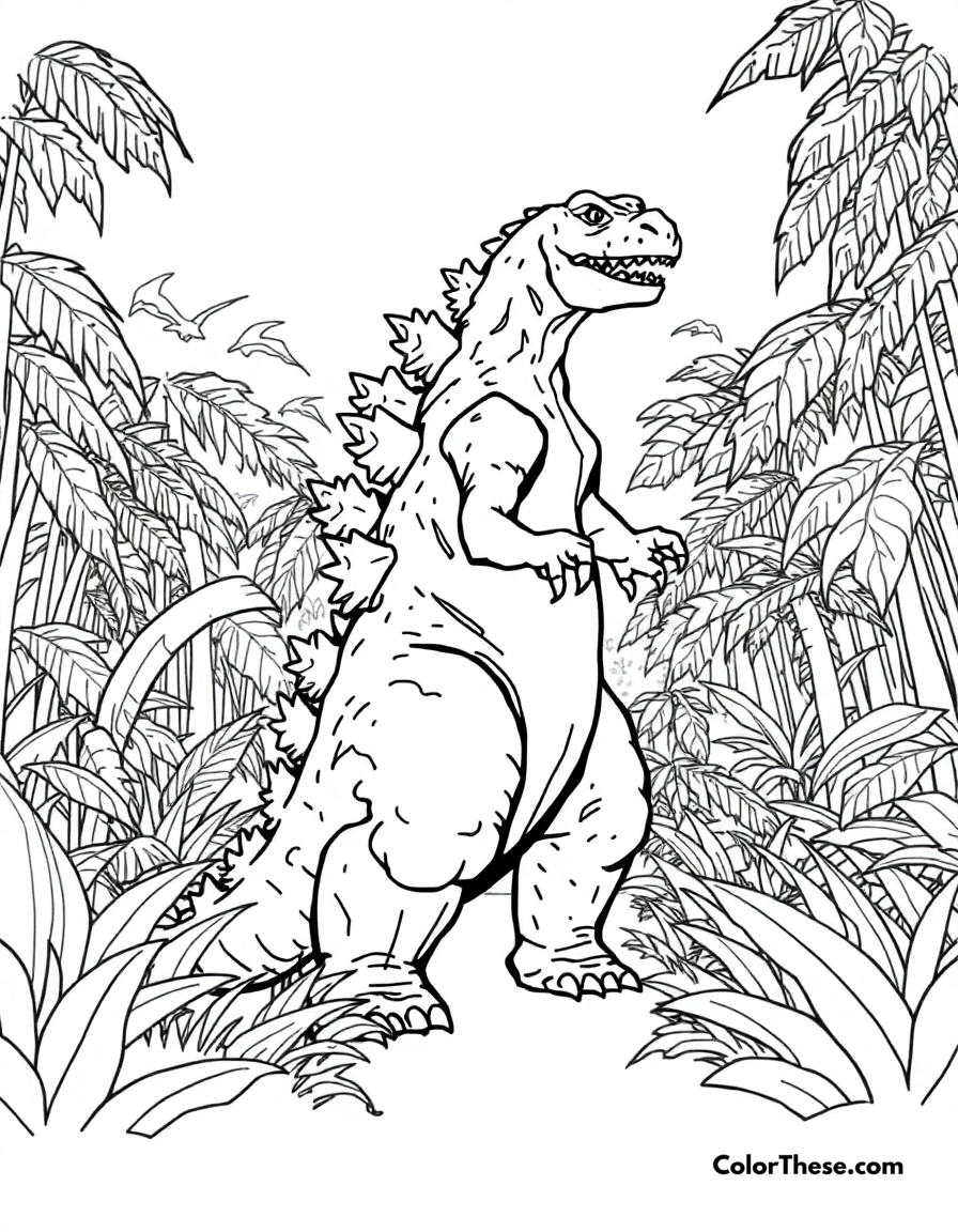 Free printable godzilla in a jungle coloring page for kids and adults - A godzilla standing in a dense jungle.