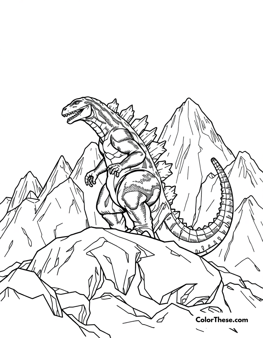 Free printable godzilla in a mountain range coloring page for kids and adults - A godzilla standing in a rugged mountain range.