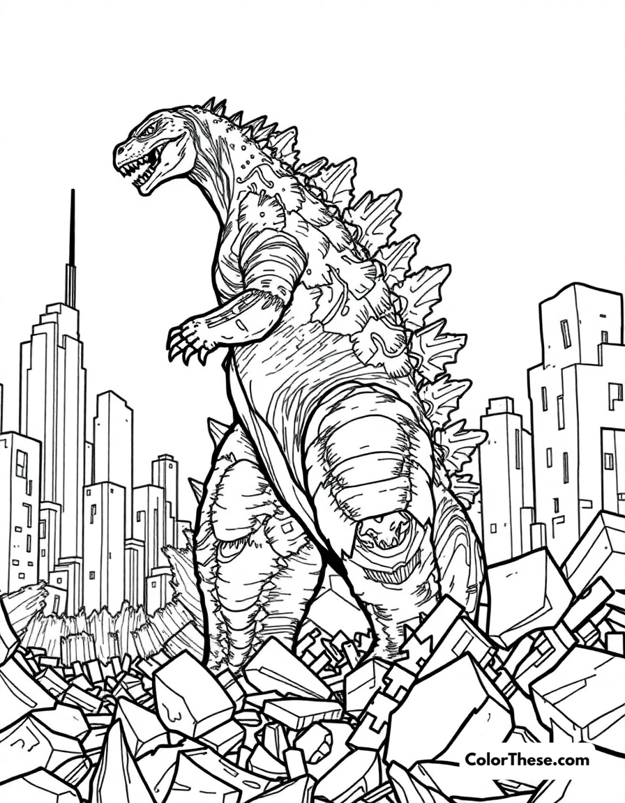 Free printable godzilla in a ruined city coloring page for kids and adults - A godzilla standing in the ruins of a destroyed city.