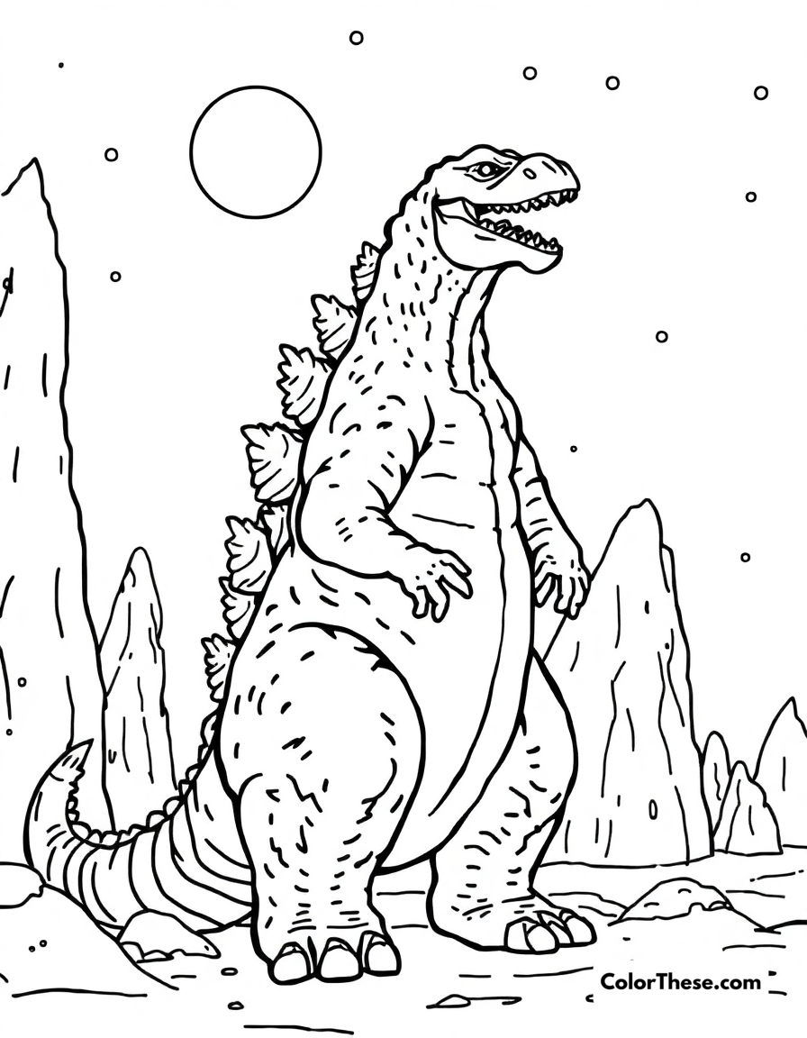 Free printable godzilla in a snowy landscape coloring page for kids and adults - A godzilla standing in a snowy, icy landscape.