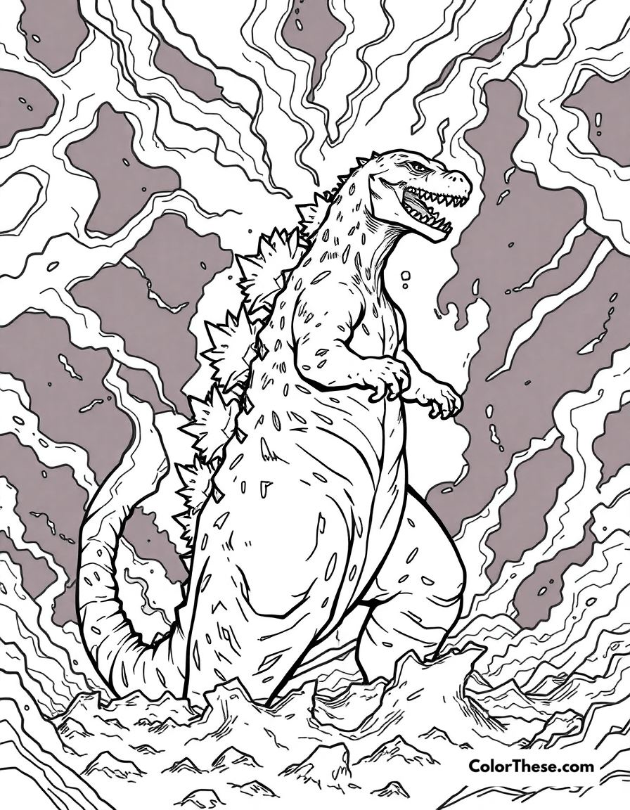 Free printable godzilla in a storm coloring page for kids and adults - A godzilla standing amidst a raging storm.