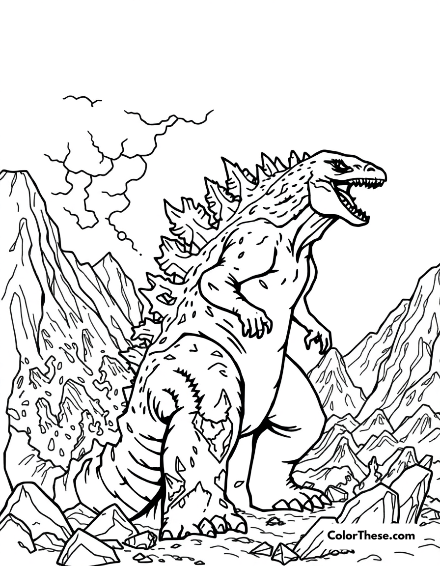 Free printable godzilla in a volcanic landscape coloring page for kids and adults - A godzilla standing in a fiery volcanic landscape.