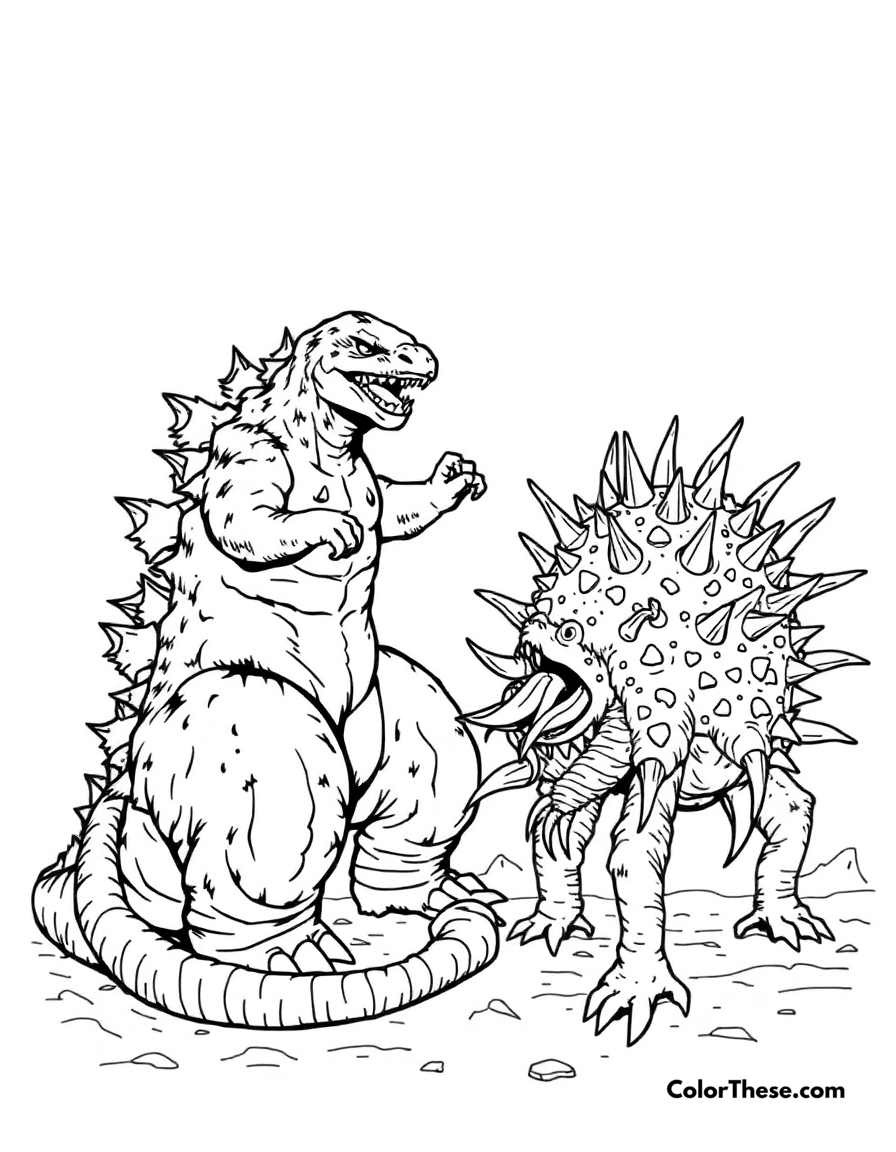 Free printable godzilla vs. anguirus coloring page for kids and adults - A godzilla battling the spiky monster, anguirus.