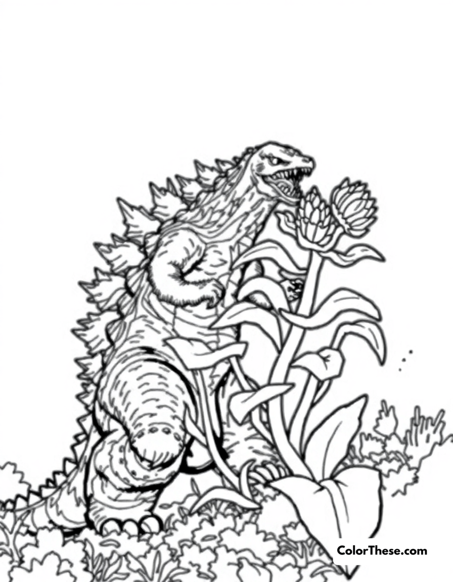 Free printable godzilla vs. biollante coloring page for kids and adults - A godzilla battling the plant-like monster, biollante.