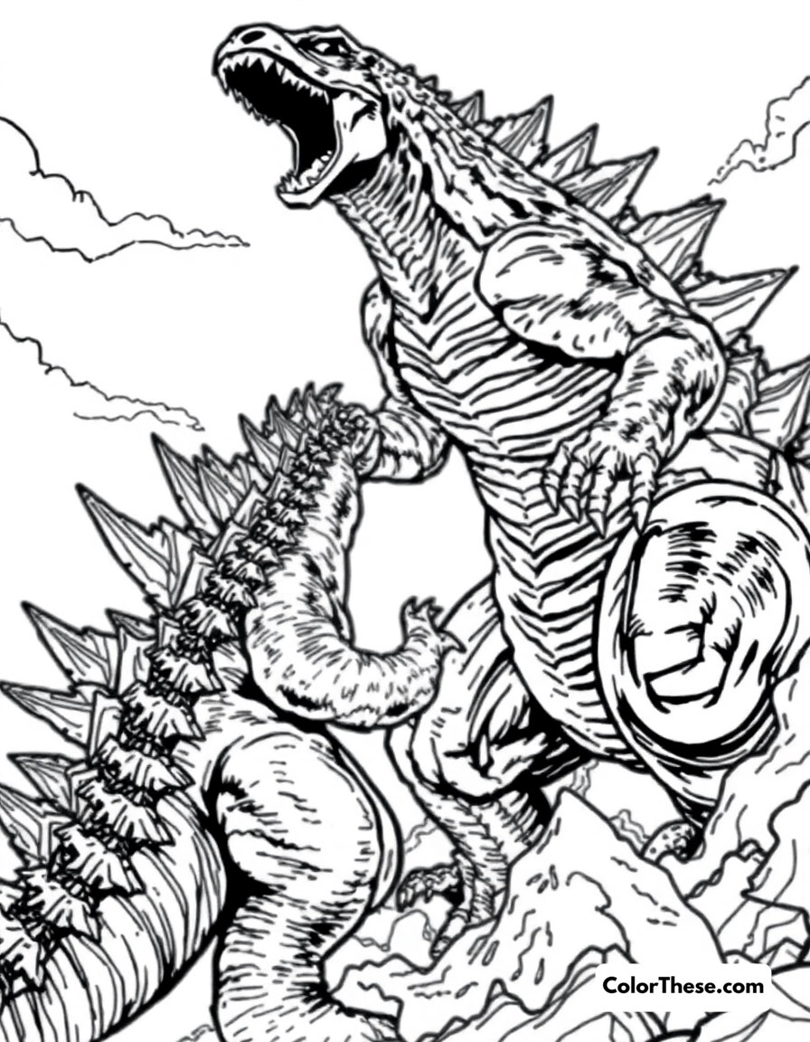 Free printable godzilla vs. destoroyah coloring page for kids and adults - A godzilla battling the monstrous destoroyah.