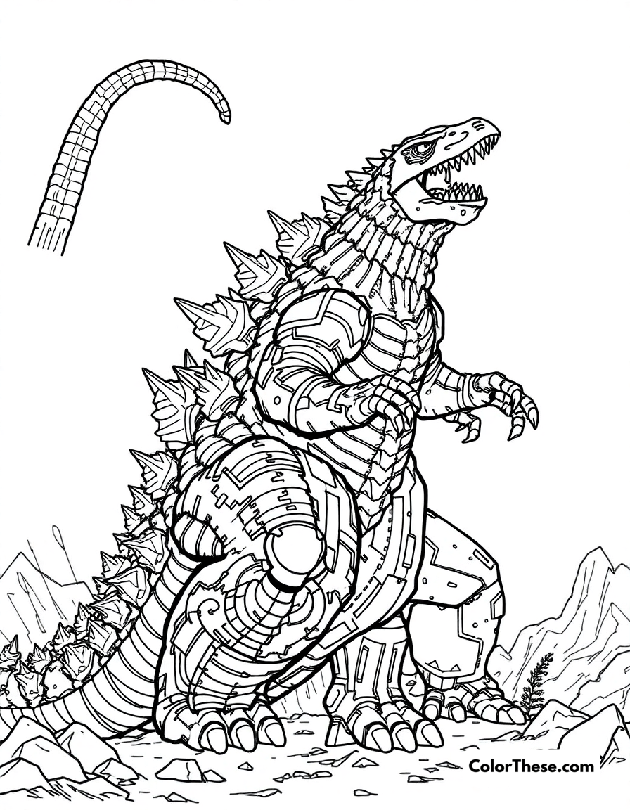 Free printable godzilla vs. gigan coloring page for kids and adults - A godzilla battling the cyborg monster, gigan.