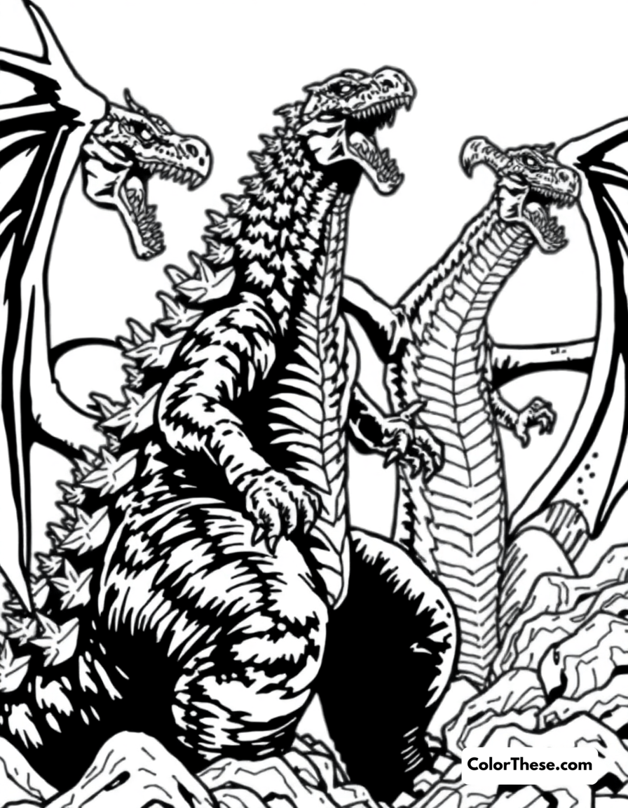 Free printable godzilla vs. king ghidorah coloring page for kids and adults - A godzilla battling the three-headed dragon, king ghidorah.