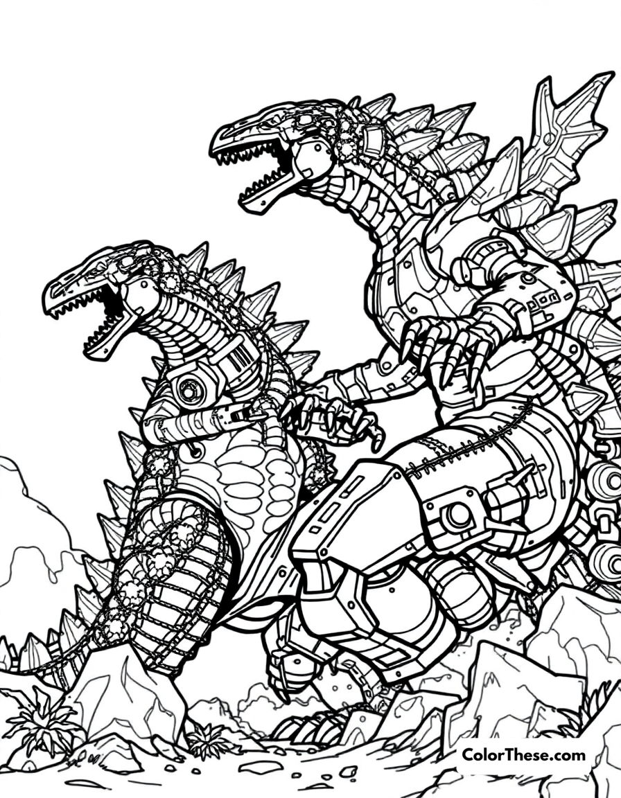 Free printable godzilla vs. mechagodzilla coloring page for kids and adults - A godzilla battling the robotic mechagodzilla.