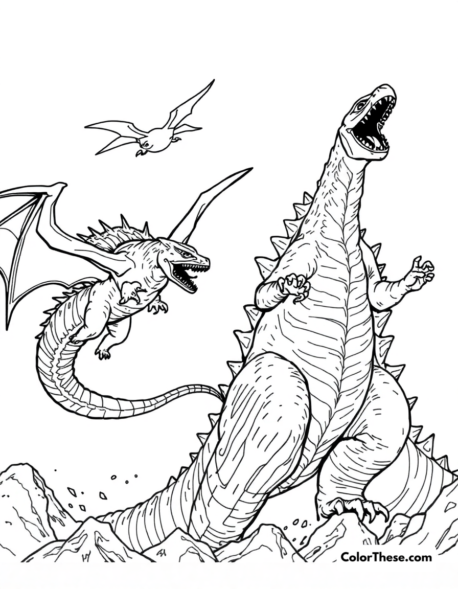 Free printable godzilla vs. rodan coloring page for kids and adults - A godzilla battling the flying monster, rodan.